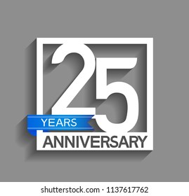 25 years anniversary celebration square style blue ribbon isolated on gray background