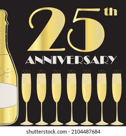 25 years anniversary celebration vector banner. Art Deco style gold foil effect golden gradient text, champagne bottle, glasses on black background. Design template for celebration, party, business
