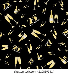 25 years anniversary celebration vector seamless pattern with hand drawn champagne bottles and glasses. Black and gold background. Fizzy drinks and 1920s font. Repeat for party, business event