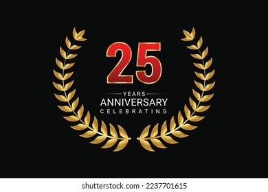 25 Jahre Jubiläum Feier Vektor golden Design mit Blättern.