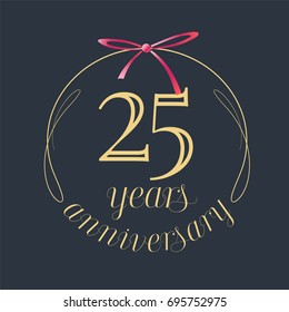 25 years anniversary celebration vector icon, logo. Template design element with golden number and red bow for 25th anniversary greeting card