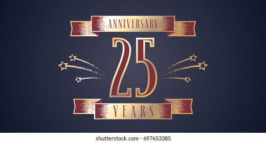 25 years anniversary celebration vector icon, logo. Template design element with golden number and swirl fireworks for 25th anniversary greeting card