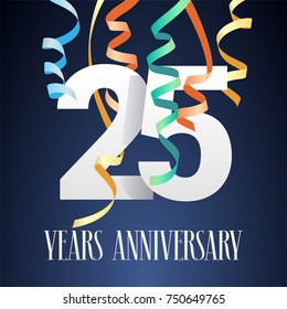 25 years anniversary celebration vector icon, logo. Template design element with modern paper cut out  number and garlands for 25th anniversary card