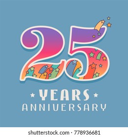 25 years anniversary celebration vector icon, logo. Template design element with bright colored  number for 25th anniversary greeting card 