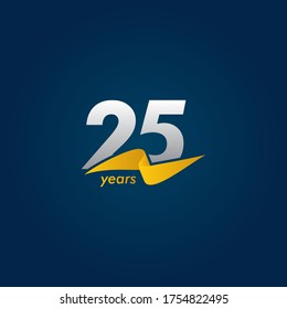 25 Years Anniversary Celebration White Blue and Yellow Ribbon Vector Template Design Illustration