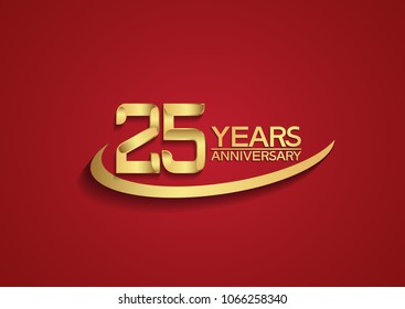 25 years anniversary design with swoosh golden color isolated on red background for celebration