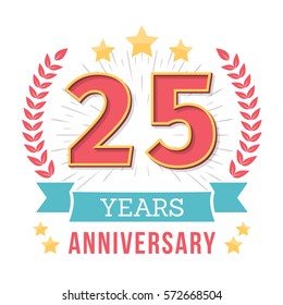 25 Years anniversary emblem with ribbon, laurel wreath and stars, vector eps10 illustration