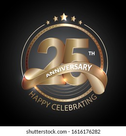 25 years anniversary gold logo template with ribbon. Poster template for Celebrating 25th event. Design for banner, magazine, brochure, web, invitation or greeting card. Vector illustration