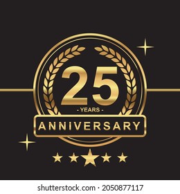 25 years anniversary golden color with circle ring and stars isolated on black background for anniversary celebration event luxury gold premium vector