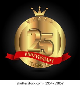 25 years anniversary with golden font, circle, crown, and star with red ribbon. anniversary text on top ribbon. Design like coin or medal with crown on top. My all design can see in my portofolio