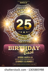 25 years anniversary golden vector mandala or ornament. Template design, banner with bright 25th anniversary greeting card. For a luxury wedding, beauty fashion concept.