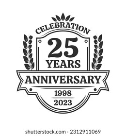 25 years anniversary icon or logo. Vintage birthday banner design. 25th anniversary yubilee celebration badge or label. Vector illustration.