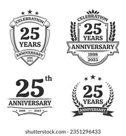 25 years anniversary icon or logo set. Vintage birthday banner design. 25th anniversary jubilee celebration badge or label collection. Vector illustration.