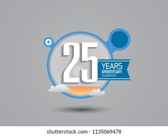 25 years anniversary illustration style with blue circle, orange fluid and cloud for party celebration event