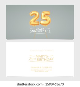 25 years anniversary invitation card vector illustration. Double sided graphic design template with text for 25th anniversary party invite 