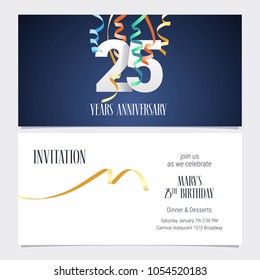 25 years anniversary invitation to celebrate the event vector illustration. Design template element with number and text for 25th birthday card, party invite 