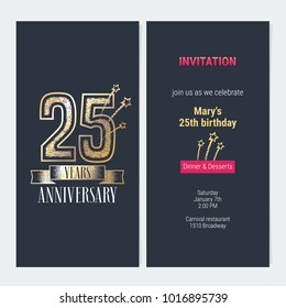 25 years anniversary invitation to celebration event vector illustration. Design with gold  number and bodycopy for 25th birthday card, party invite 