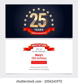 25 years anniversary invitation to celebration vector illustration. Graphic design element with golden number for 25th birthday card, party invite 