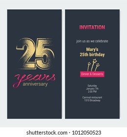 25 years anniversary invitation vector illustration. Graphic design template with golden glitter stamp for 25th anniversary party or dinner invite