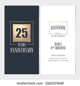 25 years anniversary invitation vector illustration. Graphic design template with golden element for 25th anniversary party or dinner invite 