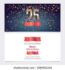 25 years anniversary invitation vector illustration. Graphic design template with golden number for 25th anniversary party or dinner invite 