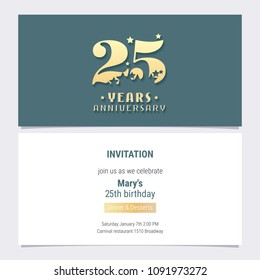 25 years anniversary invitation vector illustration. Template  design element for 25th birthday card, party invite 