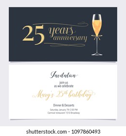 25 years anniversary invitation vector illustration. Graphic design element with glass of champagne  for 25th birthday card, party invite 