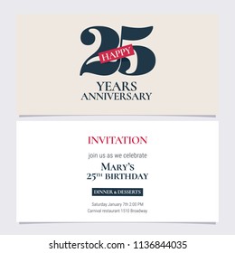 25 years anniversary invitation vector illustration. Graphic design template with elegant logo for 25th anniversary party or dinner invite 