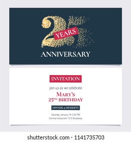 25 years anniversary invitation vector illustration. Design template with golden number for 25th anniversary party or dinner invite with body copy 