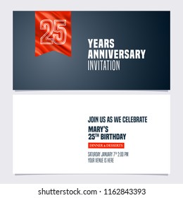 25 years anniversary invitation vector illustration. Template  design element for 25th birthday card, party invite with red banner 