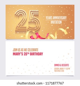 25 years anniversary invitation vector illustration. Design element with golden abstract background for 25th birthday card, party invite 