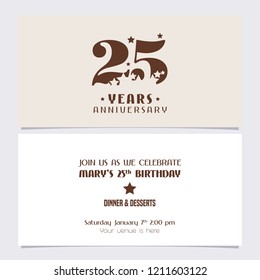 25 years anniversary invitation vector illustration. Design template element with elegant background for 25th birthday card, party invite 