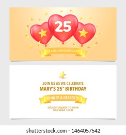 25 years anniversary invitation vector illustration. Design template element with elegant romantic background for 25th marriage, wedding or birthday card, party invite 