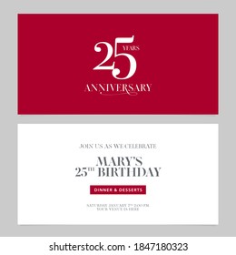25 years anniversary invitation vector illustration. Graphic design double-sided template for 25th anniversary party invite