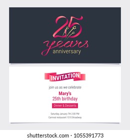 25 years anniversary invite vector illustration. Graphic design element for 25th birthday card, party invitation 