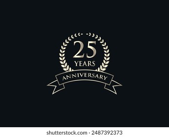 25 Years Anniversary Logo. Celebrating Success. Symbol of Eternal Achievement. Proud Heritage. Logo with Laurel Wreath and Ribbon. Years of Glorious Memories. Jubilee of Joy. Golden Celebratory Crest.