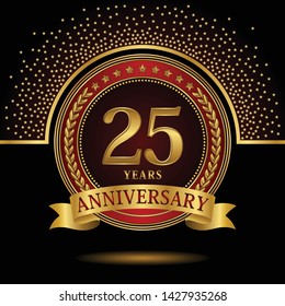 25 years anniversary logo celebration with ring and ribbon, on dark background, vector template.