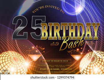 25 Years Anniversary Logo with Colorful Galactic background, golden balls, wine glasses and geometric shapes, Vector Design Template Elements for Invitation Card and Poster Your Birthday Celebration.
