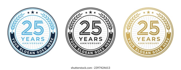 25 years anniversary logo design emblem template vector isolated in gold, black and blue colors svg