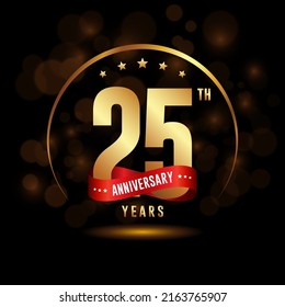 25 years anniversary logo with golden ring and ribbon for booklet, leaflet, magazine, brochure poster, banner, web, invitation or greeting card. Vector illustrations.