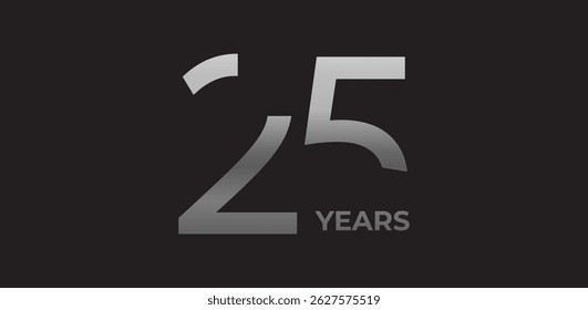 25 years anniversary logo with metallic gradient digits, evokes elegance, prestige, achievement. Silver number design for corporate milestone branding, print, digital media. Flat vector illustration.