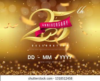 25 years anniversary logo template on gold background. 25th celebrating golden numbers with red ribbon vector and confetti isolated design elements