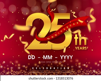 25 years anniversary logo template on gold background. 25th celebrating golden numbers with red ribbon vector and confetti isolated design elements