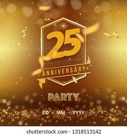 25 years anniversary logo template on gold background. 25th celebrating golden numbers with red ribbon vector and confetti isolated design elements