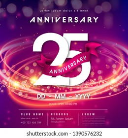 25 years anniversary logo template on purple Abstract futuristic space background. 25th modern technology design celebrating numbers with Hi-tech network digital technology concept design elements.