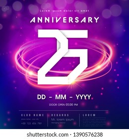 25 years anniversary logo template on purple Abstract futuristic space background. 25th modern technology design celebrating numbers with Hi-tech network digital technology concept design elements.
