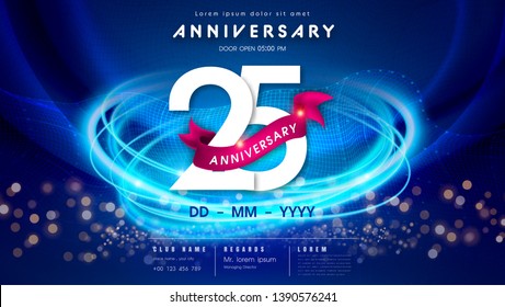 25 years anniversary logo template on dark blue Abstract futuristic space background. 25th modern technology design celebrating numbers with Hi-tech network digital technology concept design elements.