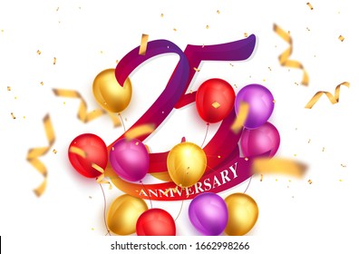 25 years anniversary logo template design on white background and balloons. 25th anniversary celebration background with red ribbon and balloons. Party poster or brochure template.