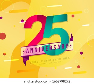 25 years anniversary logo template on yellow Abstract modern background. 25th modern background design celebrating numbers with colorful background concept design elements.