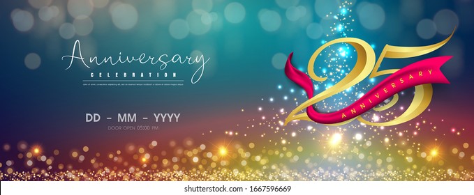 25 years anniversary logo template on gold and blue background. 25th celebrating golden numbers with red ribbon vector and confetti isolated design elements